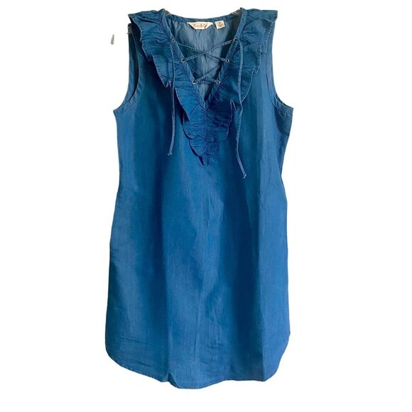 River & Rose Denim Lace up Ruffle Sleeveless Dress with Pockets Medium - Picture 1 of 10